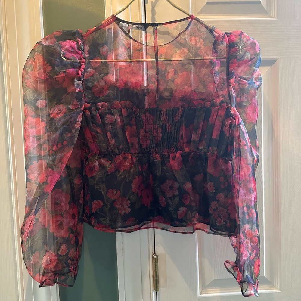Zara Sheer Black Blouse with Pink Floral Print